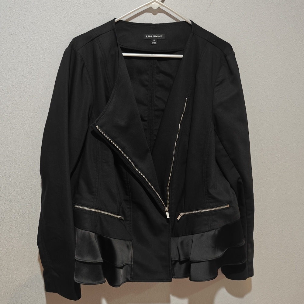 Lane Bryant Black Ruffled Hem Moto Jacket with Silver Zippers